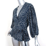 Ganni Wrap Top Barra Navy Printed Crepe Size 40 Puff Sleeve Blouse - Celebrity Owned