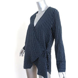 Ganni Wrap Top Lynch Navy Pinstripe Seersucker Size 36 Long Sleeve Blouse - Celebrity Owned
