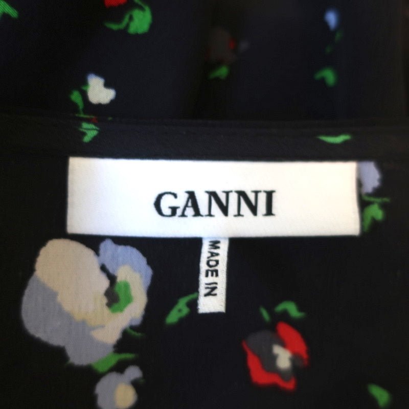 Ganni Wrap Top Nolana Black Floral Print Silk Size 36 Short Sleeve Blouse - Celebrity Owned