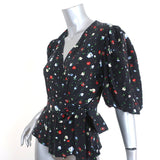 Ganni Wrap Top Nolana Black Floral Print Silk Size 36 Short Sleeve Blouse - Celebrity Owned