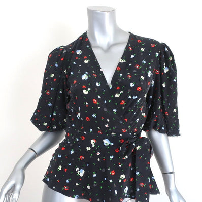 Ganni Wrap Top Nolana Black Floral Print Silk Size 36 Short Sleeve Blouse - Celebrity Owned