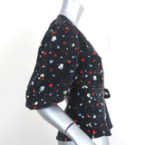 Ganni Wrap Top Nolana Black Floral Print Silk Size 36 Short Sleeve Blouse - Celebrity Owned