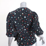 Ganni Wrap Top Nolana Black Floral Print Silk Size 36 Short Sleeve Blouse - Celebrity Owned
