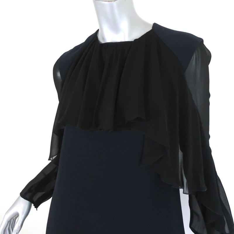 Giambattista Valli Dress Black Ruffled Chiffon &amp; Navy Cady Size 44 Long Sleeve - Celebrity Owned
