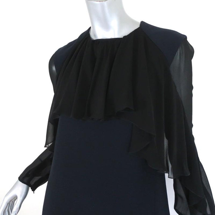Giambattista Valli Dress Black Ruffled Chiffon &amp; Navy Cady Size 44 Long Sleeve - Celebrity Owned