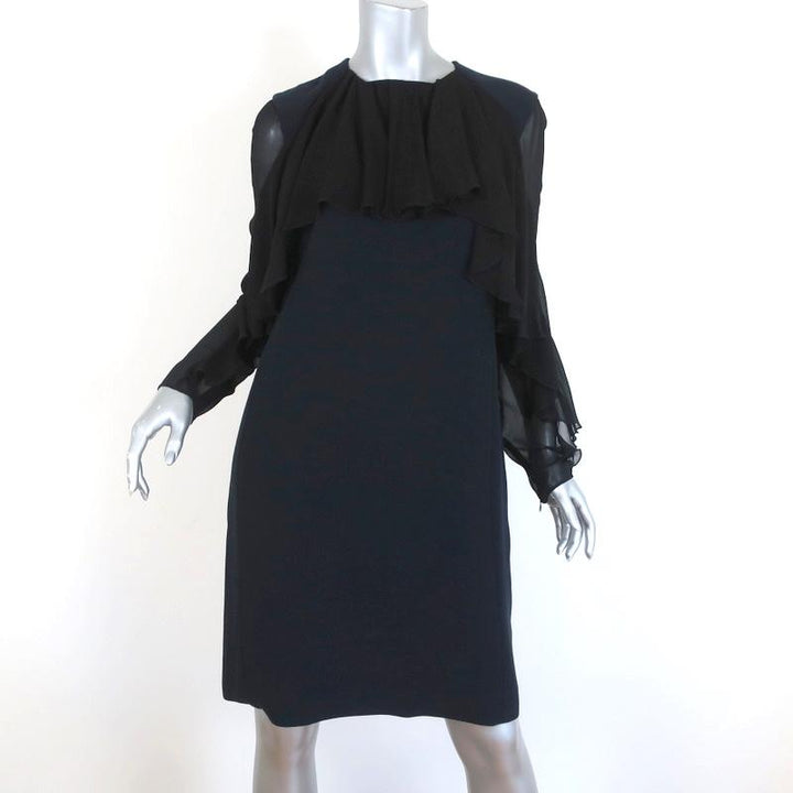 Giambattista Valli Dress Black Ruffled Chiffon &amp; Navy Cady Size 44 Long Sleeve - Celebrity Owned