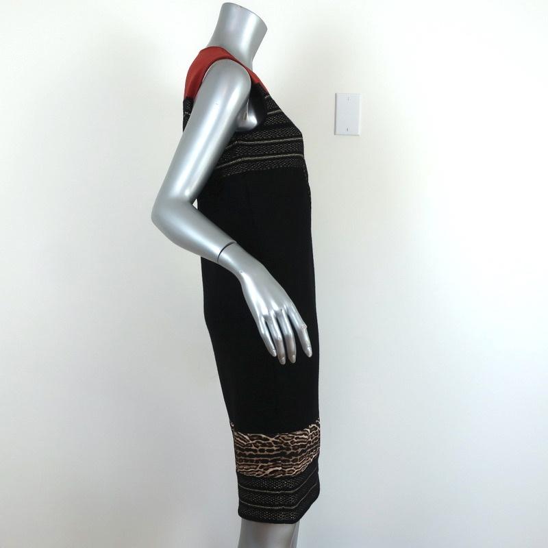 Giambattista Valli Dress Leopard-Trim Black &amp; Gold Knit Size 44 Sleeveless Shift - Celebrity Owned