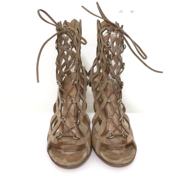 Gianvito Rossi Ankle Boots Beige Cutout Suede Size 37 Open Toe Sandal Booties - Celebrity Owned