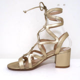 Gianvito Rossi Artemis Lace-Up Sandals Gold Metallic Leather Size 37 Block Heel - Celebrity Owned