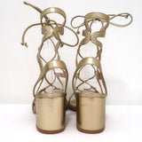 Gianvito Rossi Artemis Lace-Up Sandals Gold Metallic Leather Size 37 Block Heel - Celebrity Owned