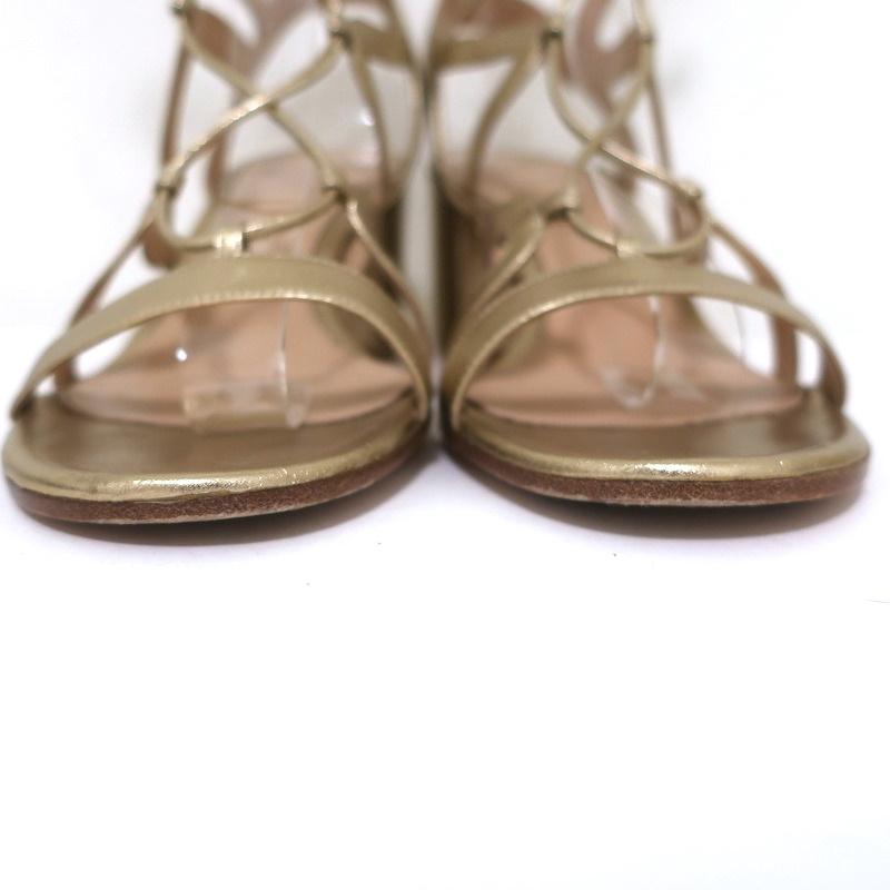 Gianvito Rossi Artemis Lace-Up Sandals Gold Metallic Leather Size 37 Block Heel - Celebrity Owned
