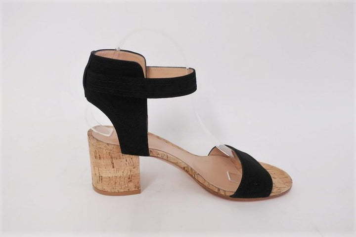 Gianvito Rossi Cork Sandals Rikki Black Suede Size 38 Ankle Strap Mid-Heel - Celebrity Owned