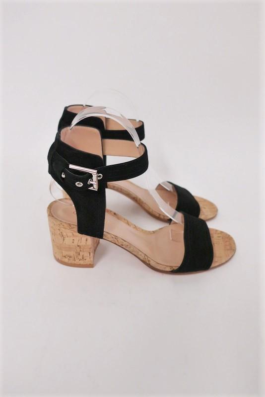 Gianvito Rossi Cork Sandals Rikki Black Suede Size 38 Ankle Strap Mid-Heel - Celebrity Owned