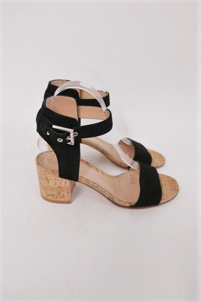 Gianvito Rossi Cork Sandals Rikki Black Suede Size 38 Ankle Strap Mid-Heel - Celebrity Owned