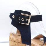 Gianvito Rossi Cork Sandals Rikki Navy Suede Size 36 Ankle Strap Mid-Heel - Celebrity Owned