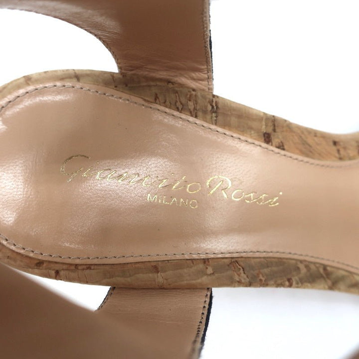 Gianvito Rossi Cork Sandals Rikki Navy Suede Size 36 Ankle Strap Mid-Heel - Celebrity Owned