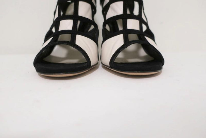 Gianvito Rossi Geometric Cutout Booties Black Suede &amp; White Leather Size 36.5 - Celebrity Owned