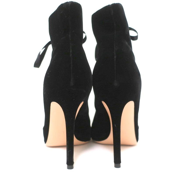 Gianvito Rossi Lace-Up Open Toe Ankle Boots Marie Black Velvet Size 40.5 - Celebrity Owned