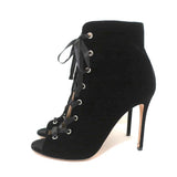 Gianvito Rossi Lace-Up Open Toe Ankle Boots Marie Black Velvet Size 40.5 - Celebrity Owned