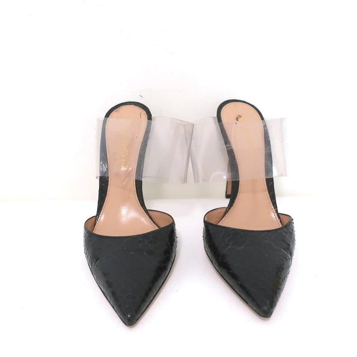 Gianvito Rossi Mules Virtua Black Python &amp; Clear PVC Size 36.5 Pointed Toe Heels - Celebrity Owned