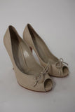 Gianvito Rossi Pump Natural Coated Canvas Size 38 Bow Peep Toe Platform Heel - Celebrity Owned