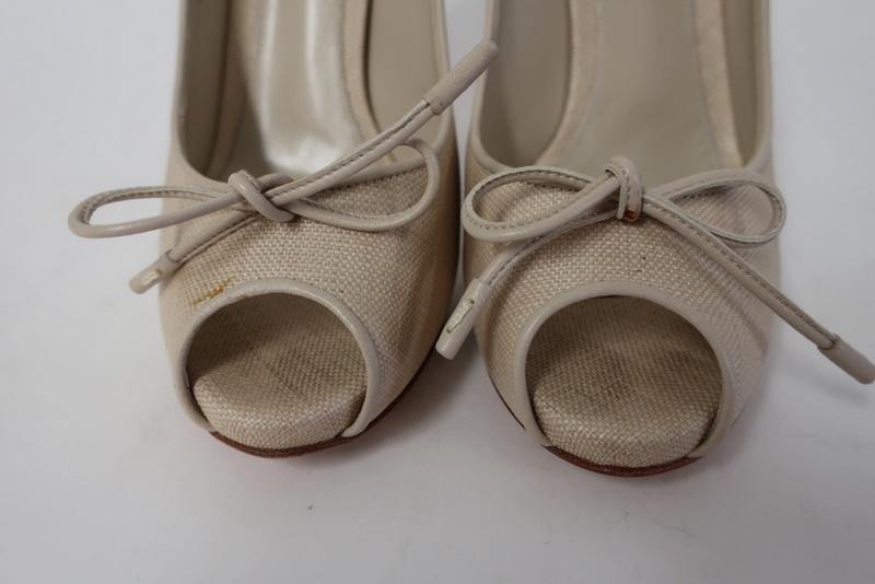 Gianvito Rossi Pump Natural Coated Canvas Size 38 Bow Peep Toe Platform Heel - Celebrity Owned