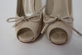 Gianvito Rossi Pump Natural Coated Canvas Size 38 Bow Peep Toe Platform Heel - Celebrity Owned