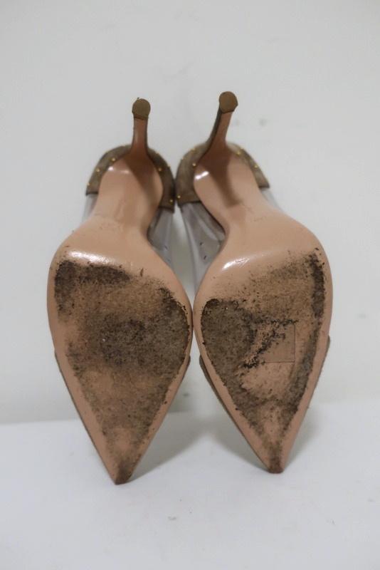 Gianvito Rossi Tyler Plexi Pumps Taupe Studded Suede Size 37 Pointed Toe Heel - Celebrity Owned