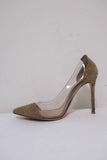 Gianvito Rossi Tyler Plexi Pumps Taupe Studded Suede Size 37 Pointed Toe Heel - Celebrity Owned