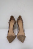 Gianvito Rossi Tyler Plexi Pumps Taupe Studded Suede Size 37 Pointed Toe Heel - Celebrity Owned