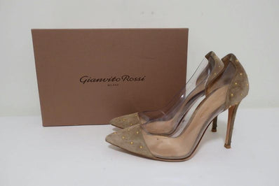 Gianvito Rossi Tyler Plexi Pumps Taupe Studded Suede Size 37 Pointed Toe Heel - Celebrity Owned