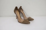 Gianvito Rossi Tyler Plexi Pumps Taupe Studded Suede Size 37 Pointed Toe Heel - Celebrity Owned