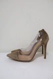 Gianvito Rossi Tyler Plexi Pumps Taupe Studded Suede Size 37 Pointed Toe Heel - Celebrity Owned