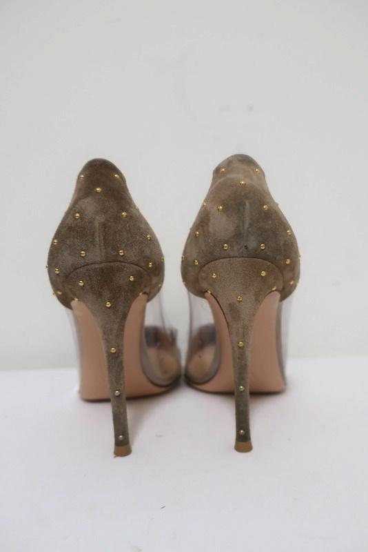 Gianvito Rossi Tyler Plexi Pumps Taupe Studded Suede Size 37 Pointed Toe Heel - Celebrity Owned