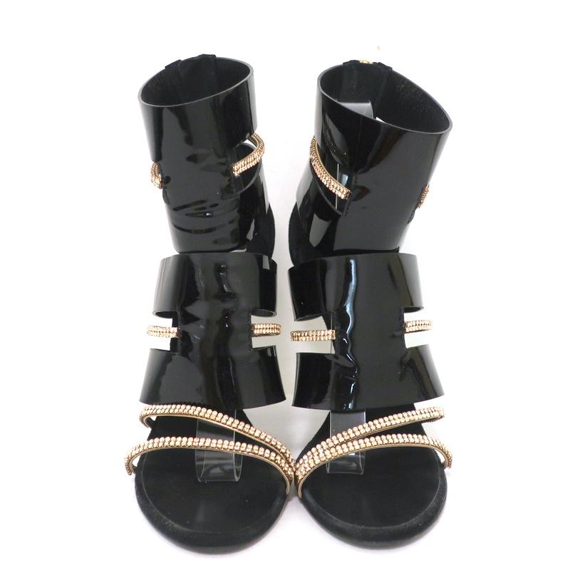 Giuseppe Zanotti x Balmain Sandal Boot Crystal-Trim Black Patent &amp; Suede Size 39 - Celebrity Owned