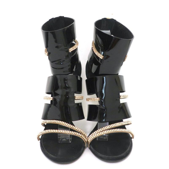 Giuseppe Zanotti x Balmain Sandal Boot Crystal-Trim Black Patent &amp; Suede Size 39 - Celebrity Owned
