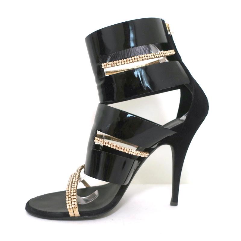 Giuseppe Zanotti x Balmain Sandal Boot Crystal-Trim Black Patent &amp; Suede Size 39 - Celebrity Owned