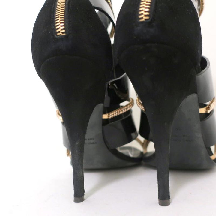 Giuseppe Zanotti x Balmain Sandal Boot Crystal-Trim Black Patent &amp; Suede Size 39 - Celebrity Owned