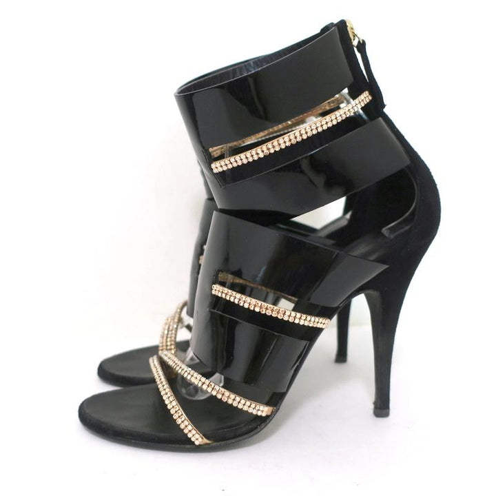 Giuseppe Zanotti x Balmain Sandal Boot Crystal-Trim Black Patent &amp; Suede Size 39 - Celebrity Owned