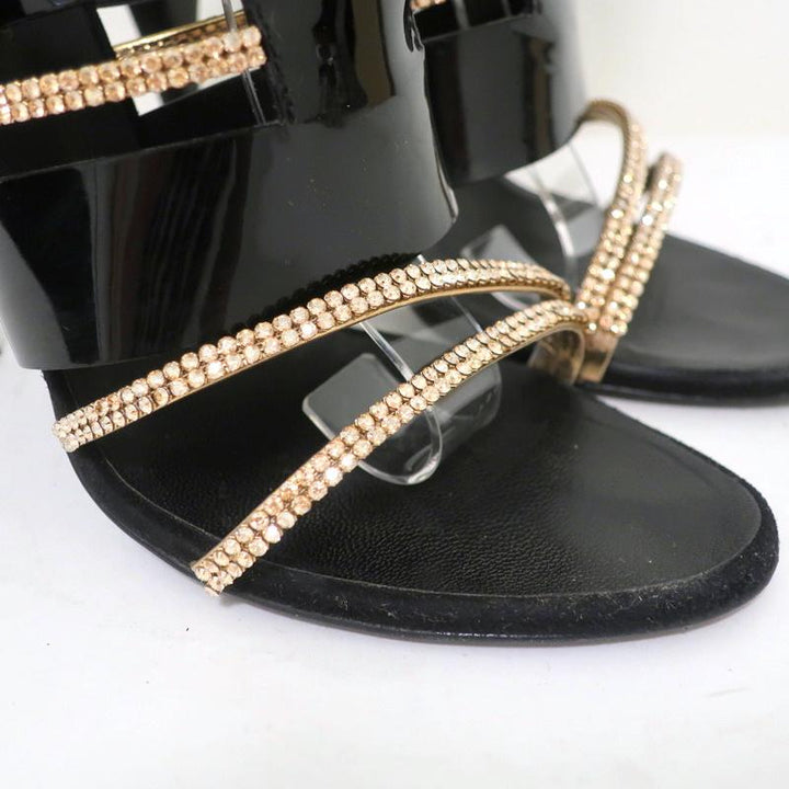 Giuseppe Zanotti x Balmain Sandal Boot Crystal-Trim Black Patent &amp; Suede Size 39 - Celebrity Owned