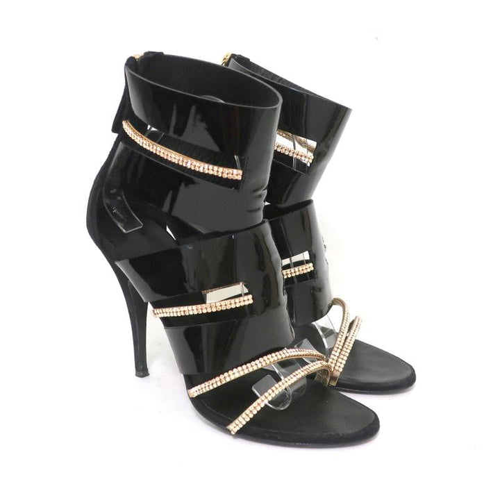 Giuseppe Zanotti x Balmain Sandal Boot Crystal-Trim Black Patent &amp; Suede Size 39 - Celebrity Owned