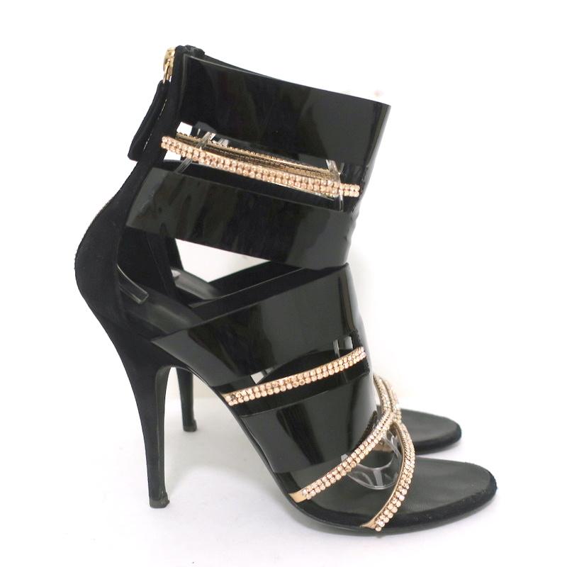 Giuseppe Zanotti x Balmain Sandal Boot Crystal-Trim Black Patent &amp; Suede Size 39 - Celebrity Owned