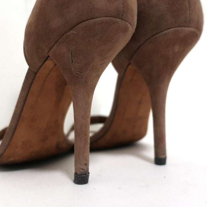 Givenchy Ankle Strap Sandals Brown Suede Size 37.5 Open Toe Heels - Celebrity Owned