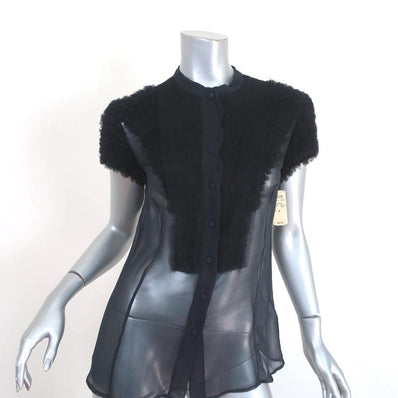 Givenchy Blouse Black Ruffled Tulle-Trim Chiffon Size 38 Short Sleeve Top NEW - Celebrity Owned