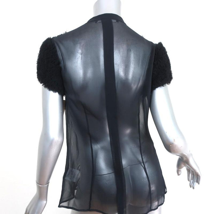 Givenchy Blouse Black Ruffled Tulle-Trim Chiffon Size 38 Short Sleeve Top NEW - Celebrity Owned
