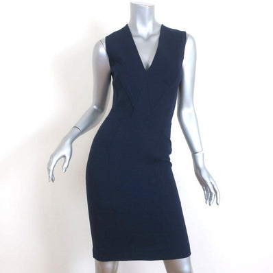 Givenchy Dress Navy Stretch Knit Size 38 Sleeveless V-Neck Sheath - Celebrity Owned
