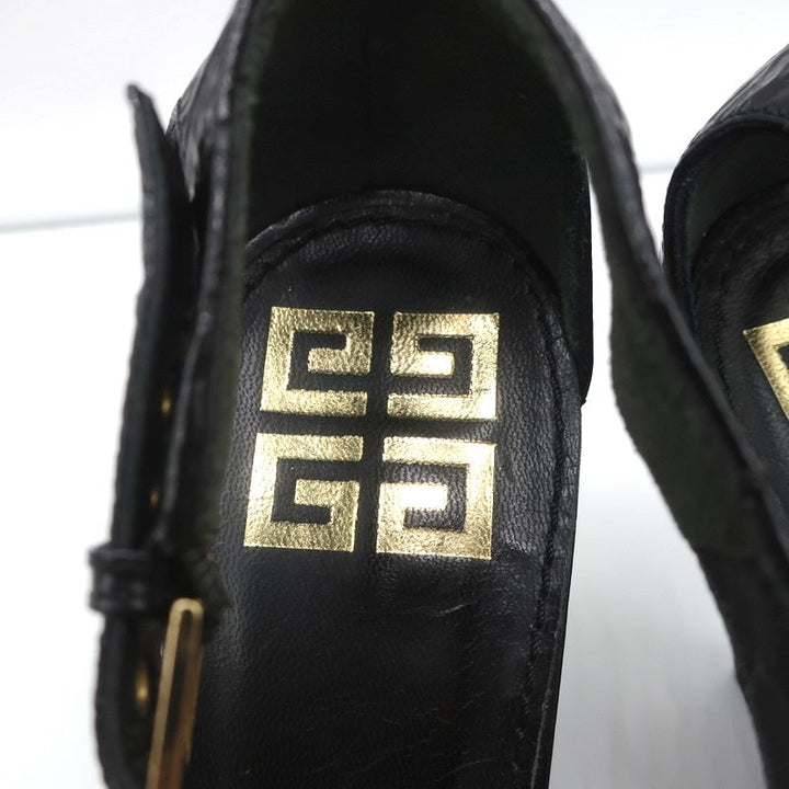 Givenchy Wedge Sandals Black Crinkled Patent Leather Size 39.5 Open Toe Heels - Celebrity Owned