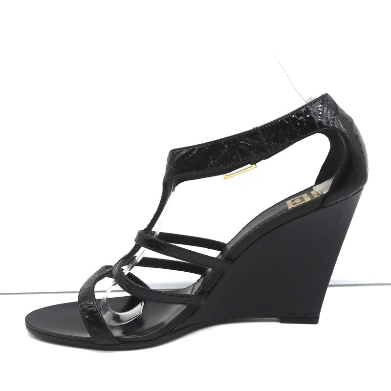 Givenchy Wedge Sandals Black Crinkled Patent Leather Size 39.5 Open Toe Heels - Celebrity Owned