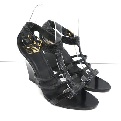 Givenchy Wedge Sandals Black Crinkled Patent Leather Size 39.5 Open Toe Heels - Celebrity Owned