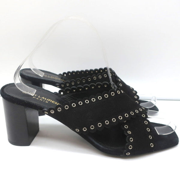Saint Laurent Loulou Slide Sandals Black Eyelet-Trim Suede Size